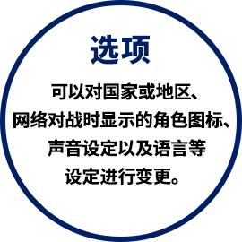 选项 可以对国家或地区、网络对战时显示的角色图标、声音设定以及语言等设定进行变更。